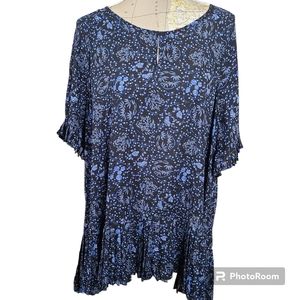 CATO Size 22W Navy Blue Floral Short Sleeve Pleated Peplum Hem Blouse Boho-Chic